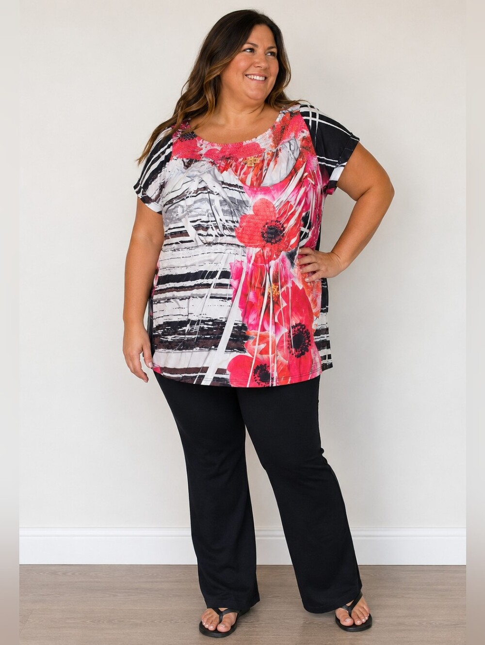 ONE WORLD Plus Size Scoop Neck Top in Pink, Black & White.